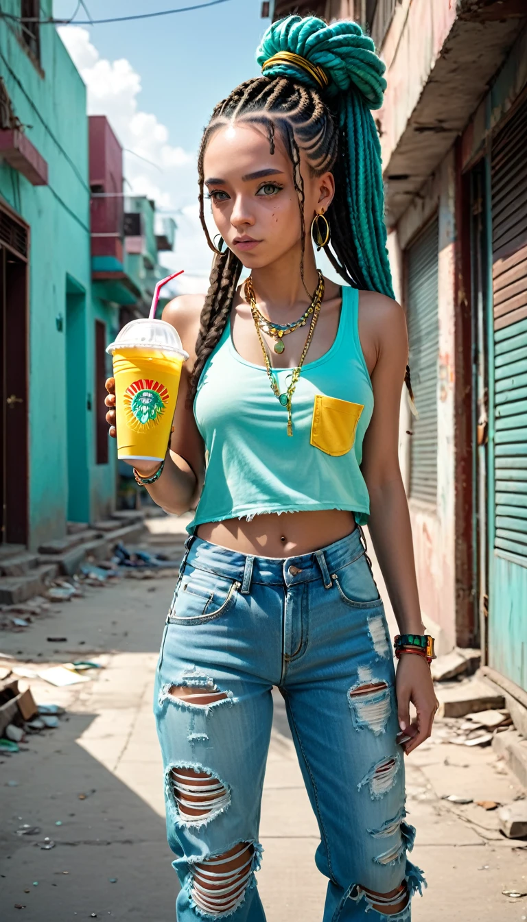 Full body, a woman in top and ripped jeans on phone outside building holding beverage cup , 1girl, pants, solo, torn pants, jewelry, torn clothes, tank top, necklace, realistic, jeans, disposable cup, denim,((Golden ratio face)) ((Bright light aqua eyes)), ((ultra detailed eyes)), ((thin small dreadlock braids)),Tradicional music peruviana ,、,((Golden ratio face)) ((Bright light aqua eyes)), ((ultra detailed eyes)), ((thin small dreadlock braids)), sneakers ADIDAS