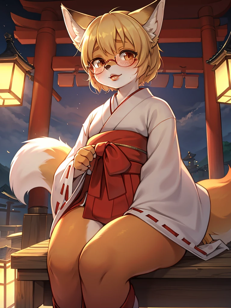 Japanese shrine maiden outfit fox , short blonde hair, freckles, (thick lips), plump, glasses , Suspicion eyes , Japanese gohei