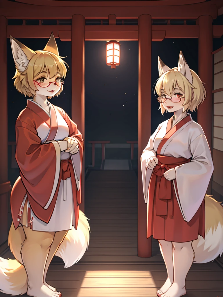 Japanese shrine maiden outfit fox , short blonde hair, freckles, (thick lips), plump, glasses , Suspicion eyes , Japanese gohei