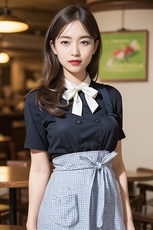 ooki masterpiece、Highest quality、Ultra-high resolution、(Photorealistic:1.6)、1 girl、(Long Hair:1.5)、(round face:1.3)、(Gingham check suspender apron:1.3)、(Plain blue high waist skirt:1.3)、(Apron skirt:1.2)、(White blouse:1.3)、(Double-breasted、Underbust:1.2)、Short sleeve、Button Gap、(Plain blue bow tie:1.2)、(Plump body:1.2)、(Smooth Skin:1.1)、Dynamic pose、(chest:1.2)、Cafe、restaurant、Red lipstick、Disheveled Hair、Spreading her legs、((Thighs))、Long legs、