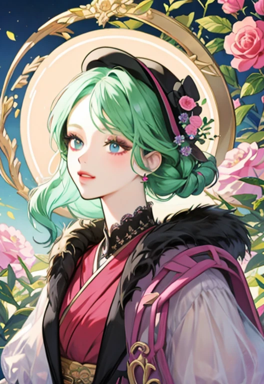 a drawing of a woman in a dress and hat with flowers, rococo queen, rococo fashion, rococo style portrait, Anime Art Nouveau Coreano, rococo portrait, exquisite digital illustration, Pintura digital barroca, # rococo, rococo art style, rococo dress, rococo cyberpunk, No estilo de arte Bowater, Senhora Vitoriana