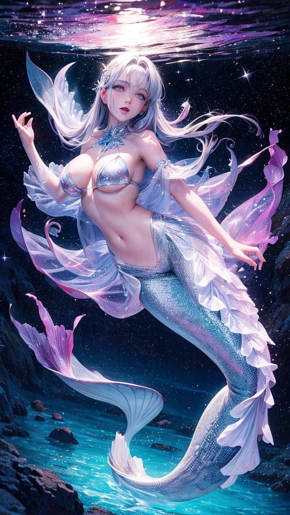 Beautiful mermaid swimming in the ocean, fantasy, ethereal, sparkle, black, purple, grey, white 