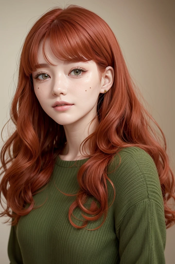 Clara has naturally wavy red hair., which she usually wears with bangs on her forehead, giving you a youthful and relaxed look. His eyes are moss green, conveying a feeling of kindness and calm.. A distinctive feature of her is a small mole below her eye., which adds a special charm to your face.