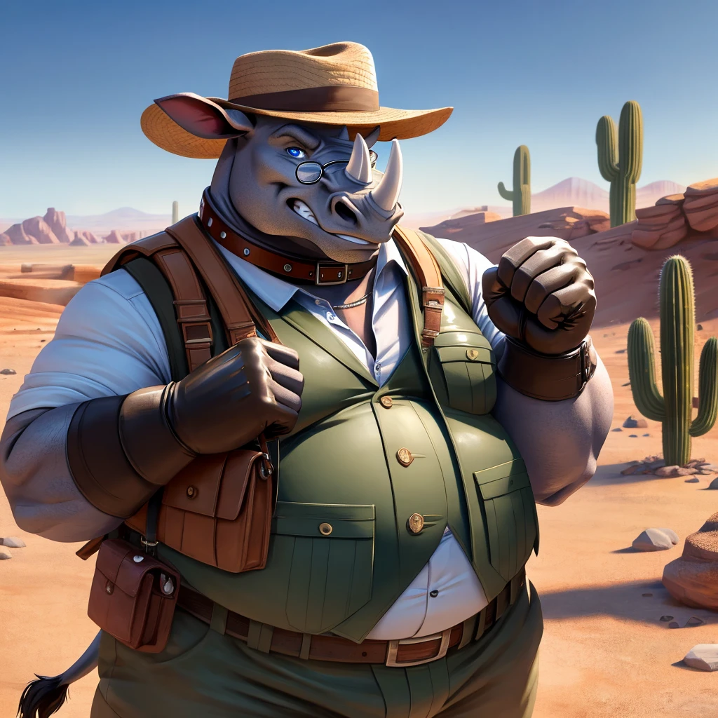 Male, fat, elderly, extremely obese, Rhinoceros, blue eyes, (posing:1.3), (soft shading), 4k, hi res, ((detailed face, detailed)), looking at viewer, evil grin, desert, cactus, shirt, hat, male focus, Explorer Outfit, glasses, pants, bag, vest, backpack, sleeves rolled up, round eyewear, brown headwear, brown vest, Rhinoceros is wearing a glossy leather dog collar around the neck, Rhinoceros is wearing the leather collar and shirt and vest at the same time, Rhinoceros is wearing glossy white rubber gloves on the hands, gloves are rubber in texture, clenching teeth, clenching fists, leather collar is glossy and shiny with a lot of detail, white rubber gloves.