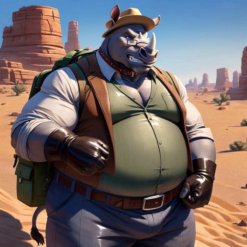 Male, fat, elderly, extremely obese, Rhinoceros, blue eyes, (posing:1.3), (soft shading), 4k, hi res, ((detailed face, detailed)), looking at viewer, evil grin, desert, cactus, shirt, hat, male focus, Explorer Outfit, glasses, pants, bag, vest, backpack, sleeves rolled up, round eyewear, brown headwear, brown vest, Rhinoceros is wearing a glossy leather dog collar around the neck, Rhinoceros is wearing the leather collar and shirt and vest at the same time, Rhinoceros is wearing glossy white rubber gloves on the hands, gloves are rubber in texture, clenching teeth, clenching fists, leather collar is glossy and shiny with a lot of detail, white rubber gloves.