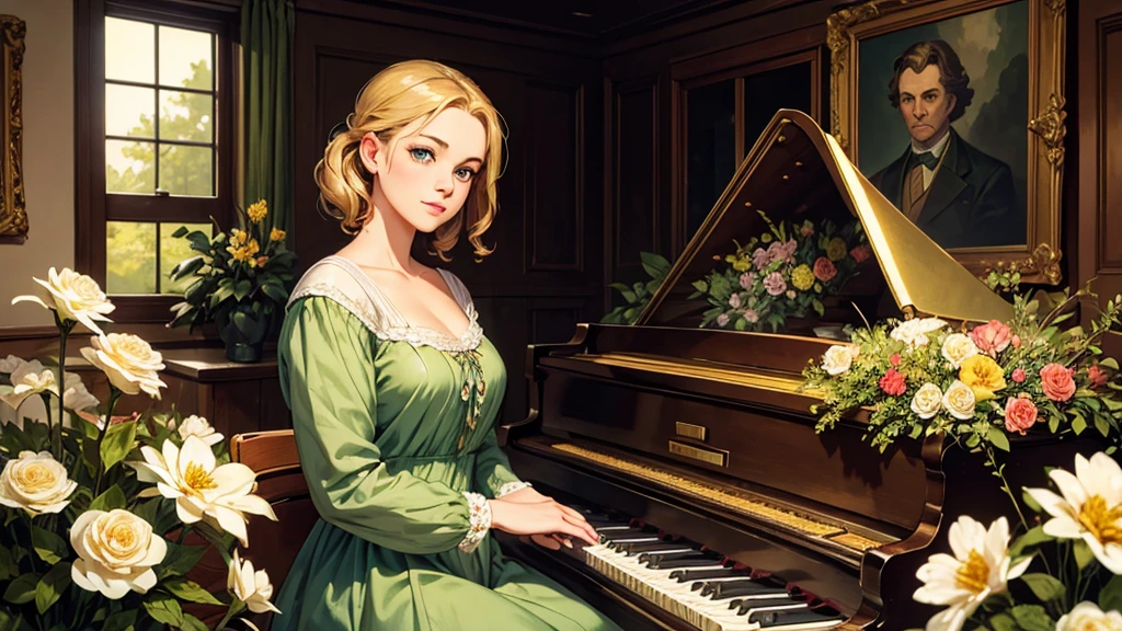 A beutiful realistic scene of a lady in a old fashioned dress; her face has green and perfect eyes; the background is large and vintage, inside a ancient house with a golden piano and a lot of flowers; masterpiece.