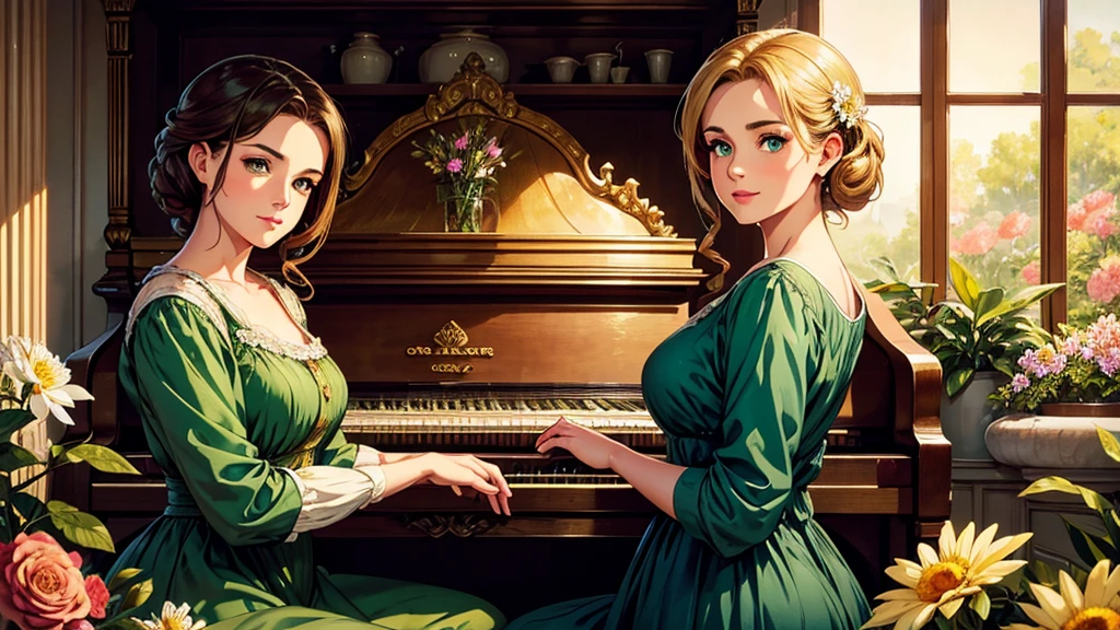 A beutiful realistic scene of a lady in a old fashioned dress; her face has green and perfect eyes; the background is large and vintage, inside a ancient house with a golden piano and a lot of flowers; masterpiece.