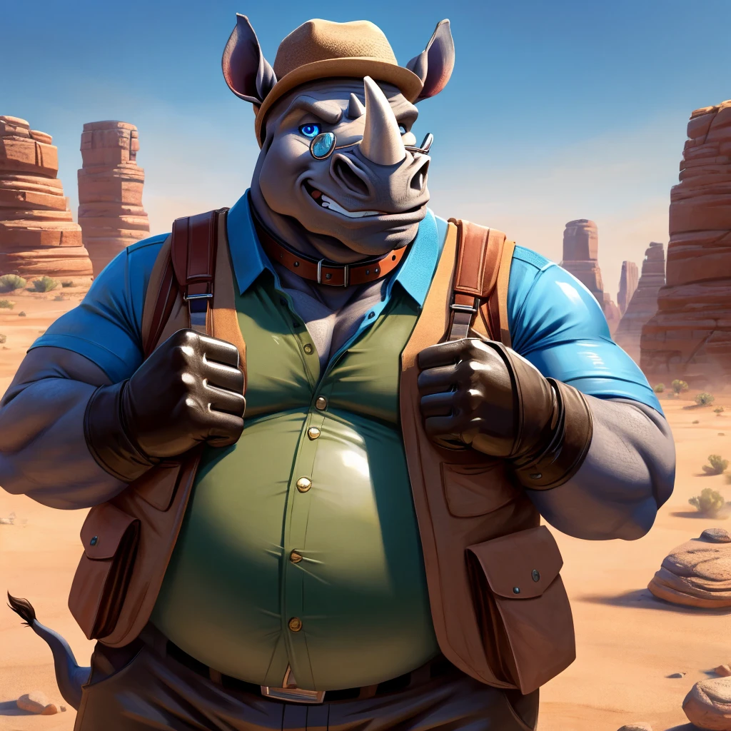 Male, fat, elderly, extremely obese, Rhinoceros, blue eyes, (posing:1.3), (soft shading), 4k, hi res, ((detailed face, detailed)), looking at viewer, evil grin, desert, cactus, shirt, hat, male focus, Explorer Outfit, glasses, pants, bag, vest, backpack, sleeves rolled up, round eyewear, brown headwear, brown vest, Rhinoceros is wearing a glossy leather dog collar around the neck, Rhinoceros is wearing the leather collar and shirt and vest at the same time, Rhinoceros is wearing glossy white rubber gloves on the hands, gloves are rubber in texture, clenching teeth, clenching fists, leather collar is glossy and shiny with a lot of detail, white rubber gloves.