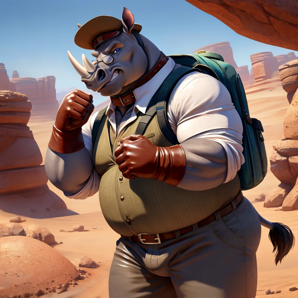 Male, fat, elderly, extremely obese, Rhinoceros, blue eyes, (posing:1.3), (soft shading), 4k, hi res, ((detailed face, detailed)), looking at viewer, evil grin, desert, cactus, shirt, hat, male focus, Explorer Outfit, glasses, pants, bag, vest, backpack, sleeves rolled up, round eyewear, brown headwear, brown vest, Rhinoceros is wearing a glossy leather dog collar around the neck, Rhinoceros is wearing the leather collar and shirt and vest at the same time, Rhinoceros is wearing glossy white rubber gloves on the hands, gloves are rubber in texture, clenching teeth, clenching fists, leather collar is glossy and shiny with a lot of detail, white rubber gloves.