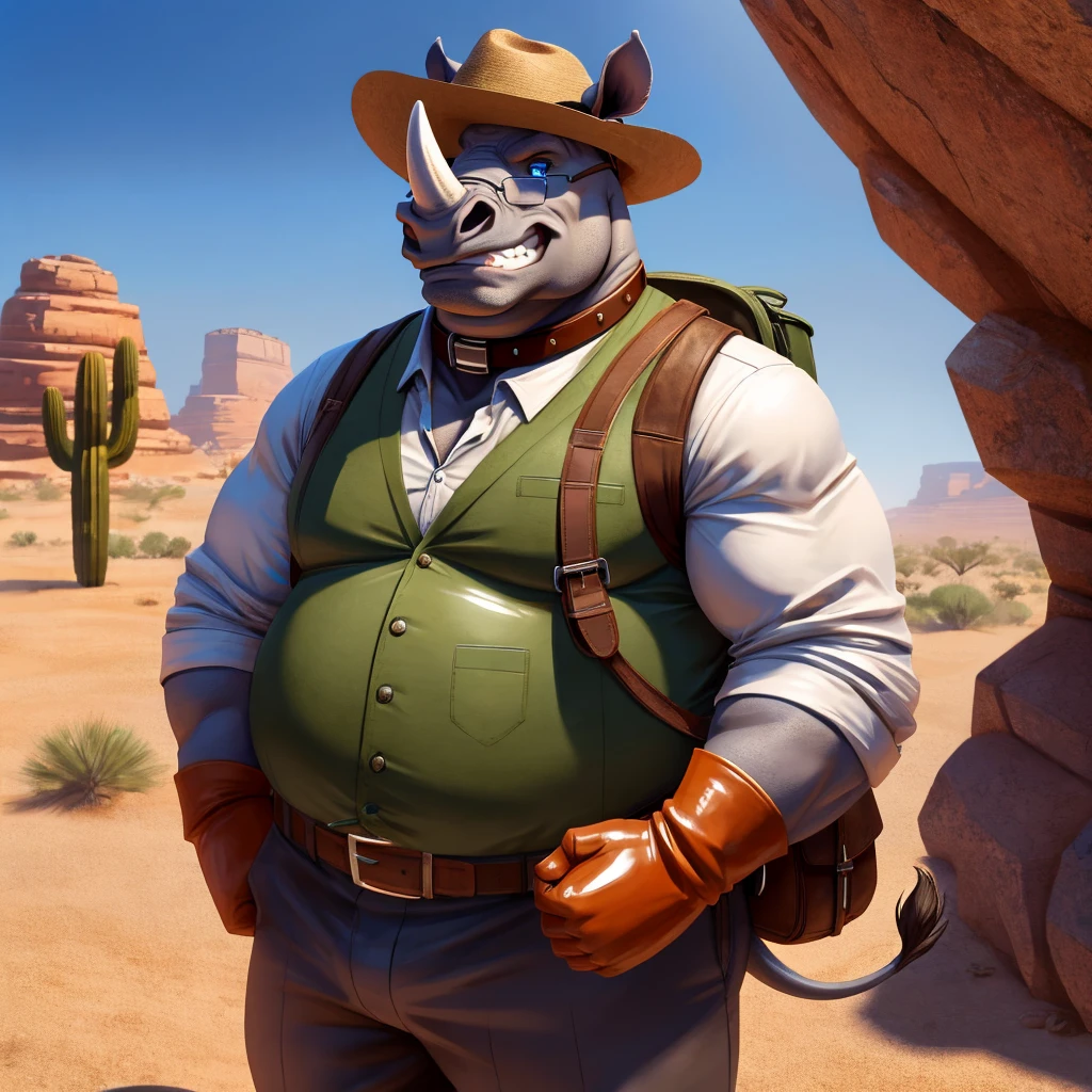 Male, fat, elderly, extremely obese, Rhinoceros, blue eyes, (posing:1.3), (soft shading), 4k, hi res, ((detailed face, detailed)), looking at viewer, evil grin, desert, cactus, shirt, hat, male focus, Explorer Outfit, glasses, pants, bag, vest, backpack, sleeves rolled up, round eyewear, brown headwear, brown vest, Rhinoceros is wearing a glossy leather dog collar around the neck, Rhinoceros is wearing the leather collar and shirt and vest at the same time, Rhinoceros is wearing glossy white rubber gloves on the hands, gloves are rubber in texture, clenching teeth, clenching fists, leather collar is glossy and shiny with a lot of detail, white rubber gloves.