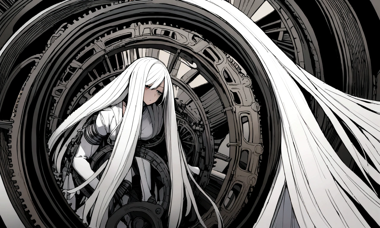 black and white drawing, giant clockwork background, beautiful woman 1, white long straight hair, white hair, wearing a white dress, get sucked in, dragged into a machine, forcibly dragged into a machine, seep into the machine