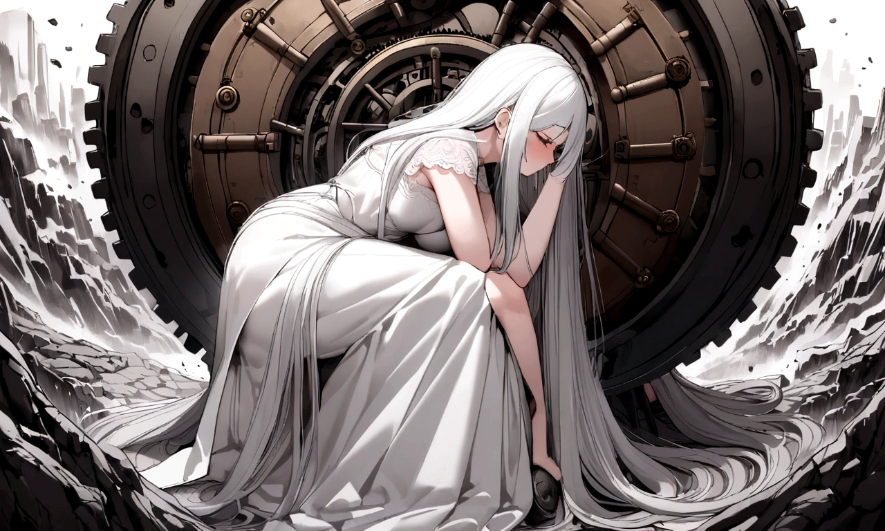 black and white drawing, giant clockwork background, beautiful woman 1, white long straight hair, white hair, wearing a white dress, get sucked in, dragged into a machine, forcibly dragged into a machine, seep into the machine