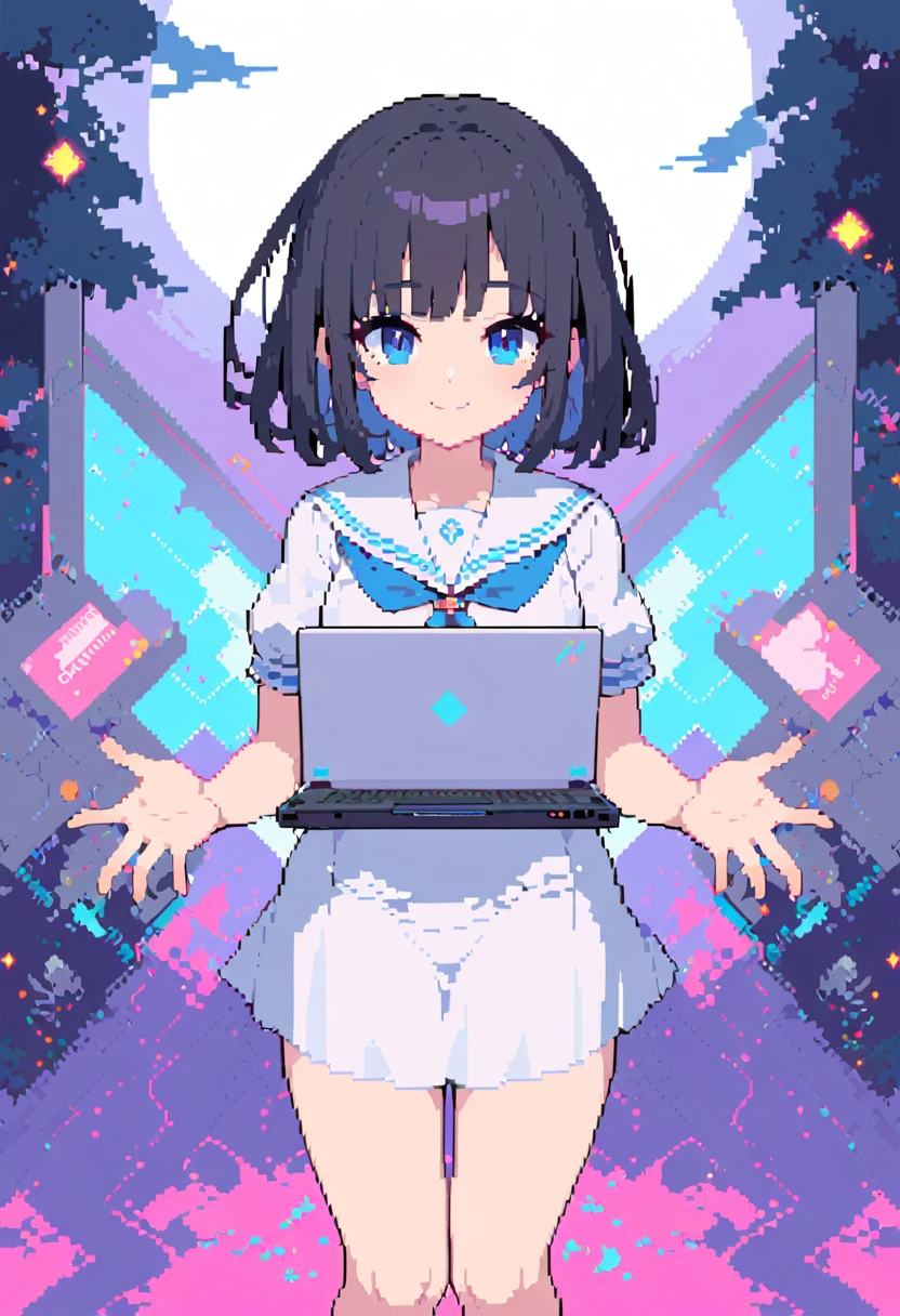 Pixel Art, An anime-style young girl with short bluely black hair, large blue eyes, a plain white long T-shirt sailor uniform reaching to her knees, standing straight, holding a laptop PC, smiling, electronic near-future vibe.