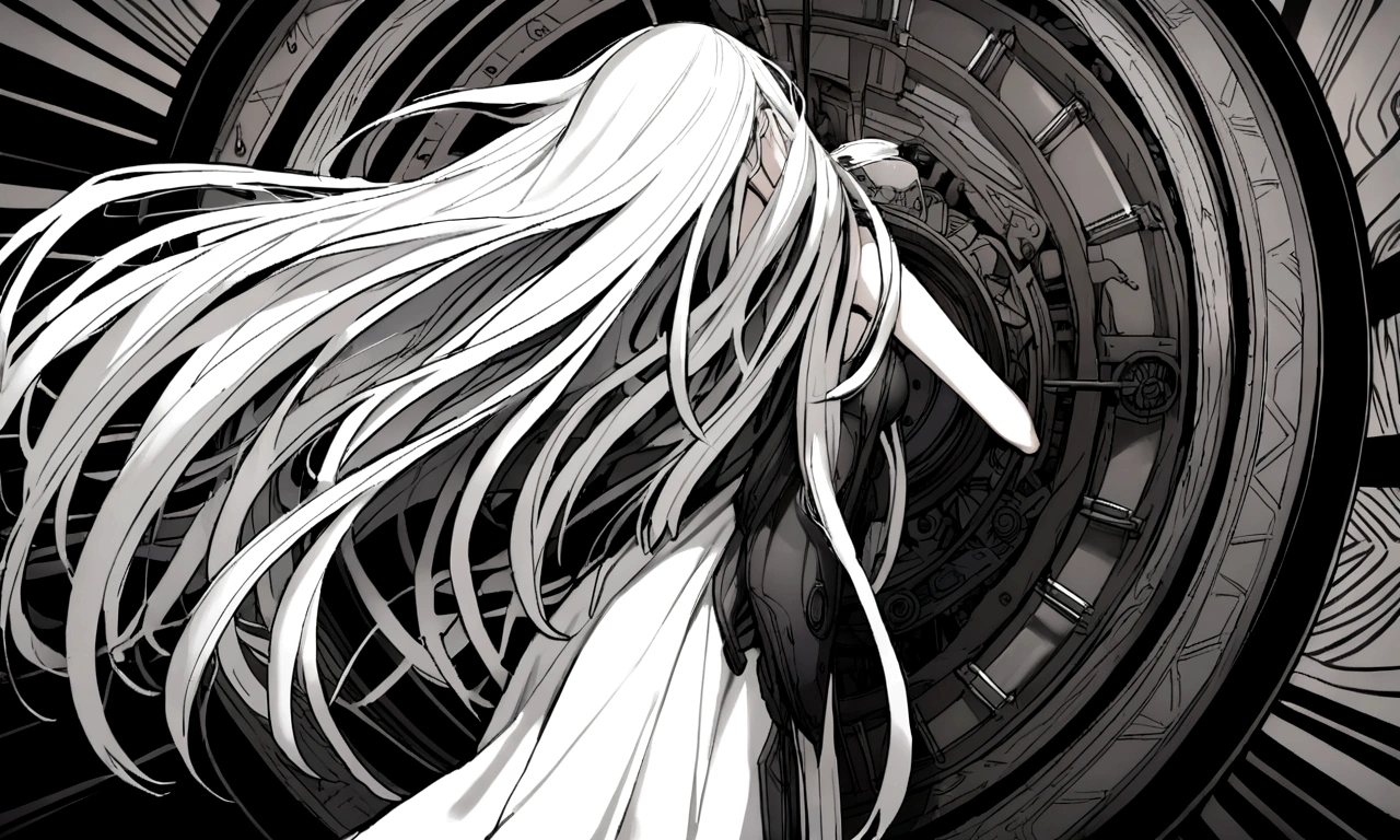 black and white drawing, giant clockwork background, beautiful woman 1, white long straight hair, white hair, wearing a white dress, get sucked in, dragged into a machine, dragged by the machine, seep into the machine