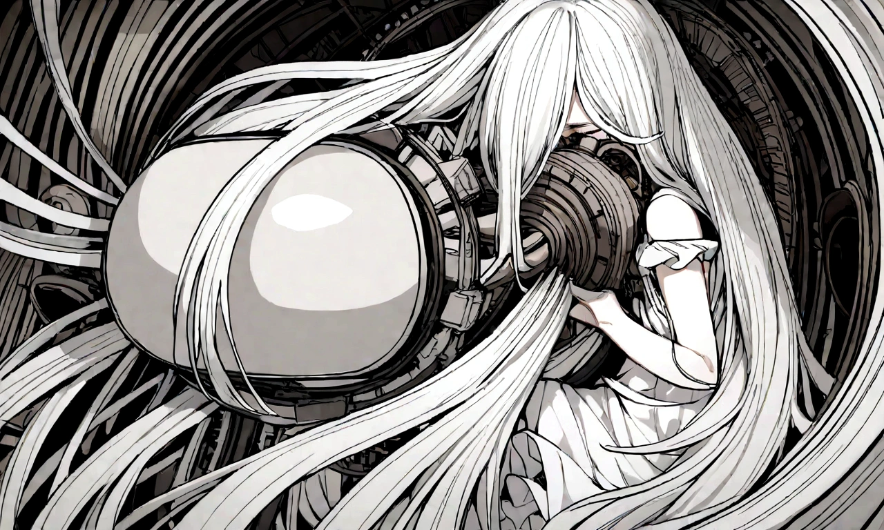 black and white drawing, giant clockwork background, beautiful woman 1, white long straight hair, white hair, wearing a white dress, get sucked in, dragged into a machine, dragged by the machine, seep into the machine