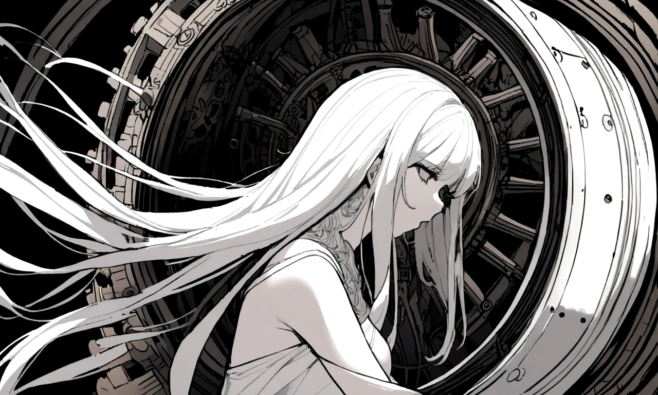 black and white drawing, giant clockwork background, beautiful woman 1, white long straight hair, white hair, wearing a white dress, get sucked in, dragged into a machine, dragged by the machine, seep into the machine