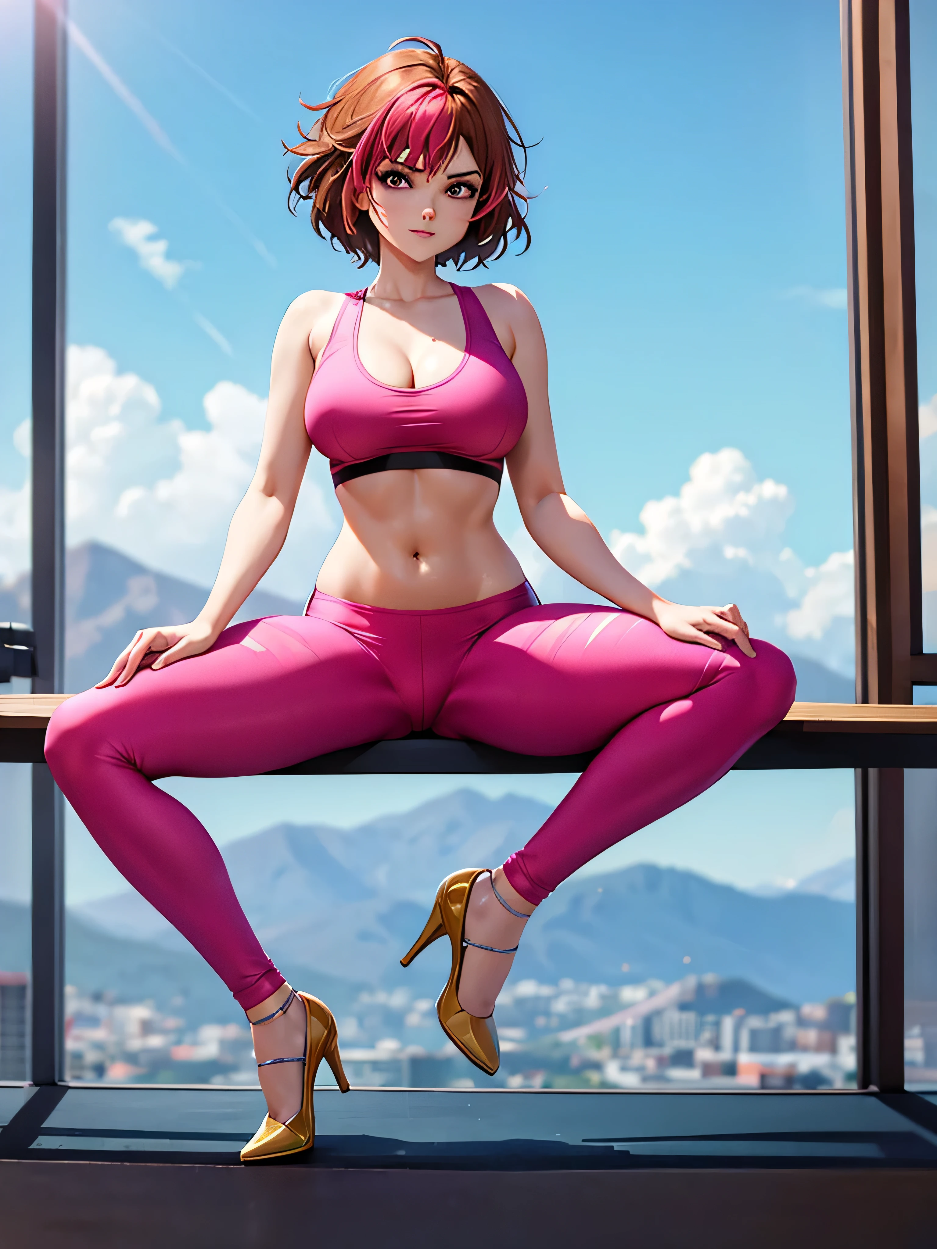 merula, sexy pose, pink high heels, sexy sport bra, yoga blue adidas pants, full body, thighs, sitting pose