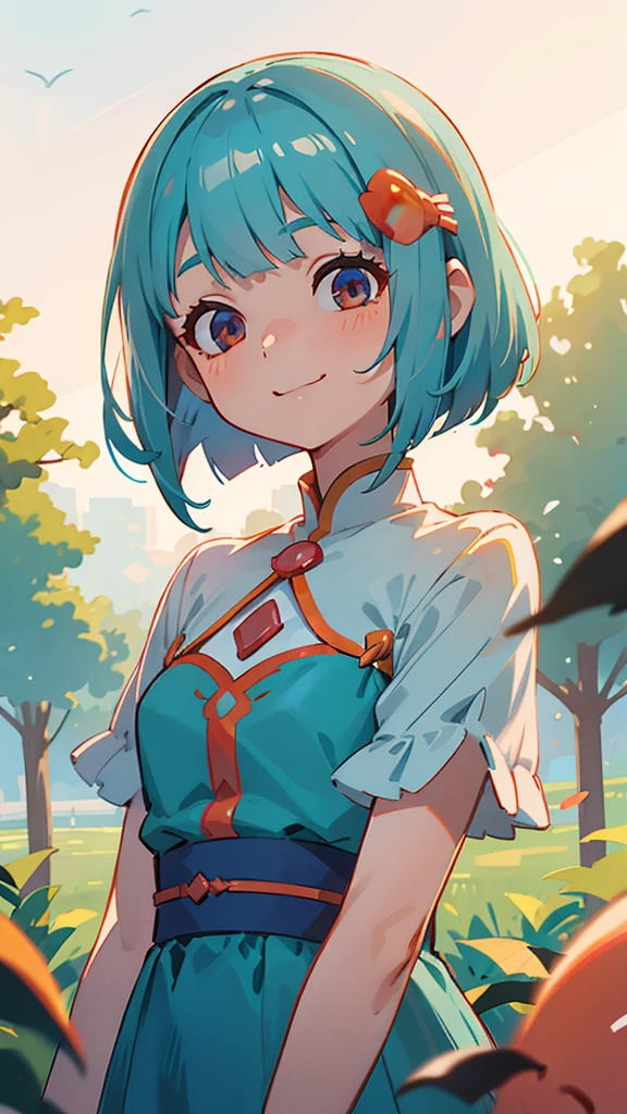 1 Girl、Light blue hair、Bobcut、Orange hair ornament、Dark Eyes、smile、Upper body close-up、Side body、Phantom of the Shrimp、Park in the background、sunset、Soft lighting