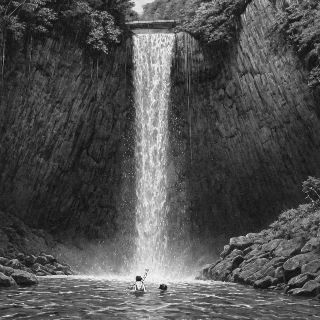 1man, falling into the waterfall, (anime), bizarre scenario, This is Junji, Yusuke Murata, black and white, 8K, anime, horror
