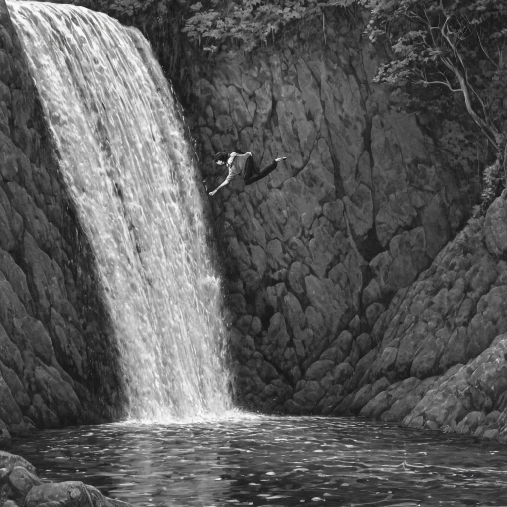 1man, falling into the waterfall, (anime), bizarre scenario, This is Junji, Yusuke Murata, black and white, 8K, anime, horror