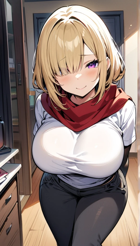 ((Best Quality)), ((Masterpiece)), (detailed), 1 girl, Pastel yellow hair, wide, hair covers one eye, purple eyes, tight, big breasts, big thighs, expression smiling shy, White T-shirt, black sweater, Red scarf, Gray pants, at home, looking at the viewer trying to surprise him, 