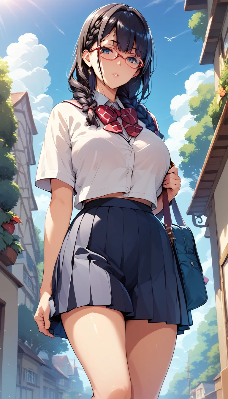 (masterpiece, best quality, ultra-detailed, high resolution, detailed eyes), takeda hiromitsu style, 1girl, braid black hair, curvy body, (school uniform), glasses