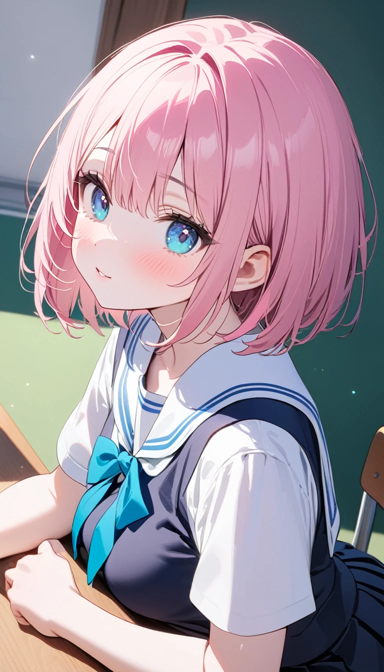 (1 girl),(Best Picture Quality, 8K, Masterpiece:1.3), (high school student:1.5), (pink lob hair:1.1), [mintgreen hair:0.1], (bob cut), (cute eyes, pupil black, iris skyblue, youthful face), ((school uniform, white short simple sleeve shirt, darkblue skirt)), (super clear:1.5), (glistening skin:1.1),(pale skin:1.2), (standard weight), (medium breasts), (close up face).