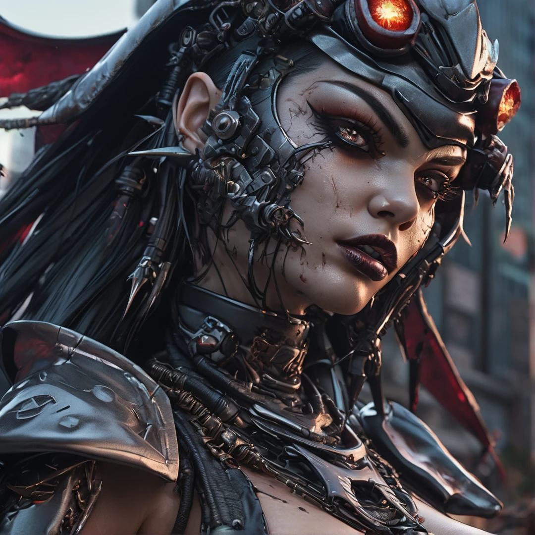 Heavy metal ninja Monster post-apocalyptic city, insanely detailed real shiny skin, masterpiece quality, real color, female ghoul vampire, erotic and sensual, 8k resolution🔥, Miki Asai Macro photography, close-up, hyper detailed, trending on artstation, sharp focus, studio photo, intricate details, highly detailed, by greg rutkowski