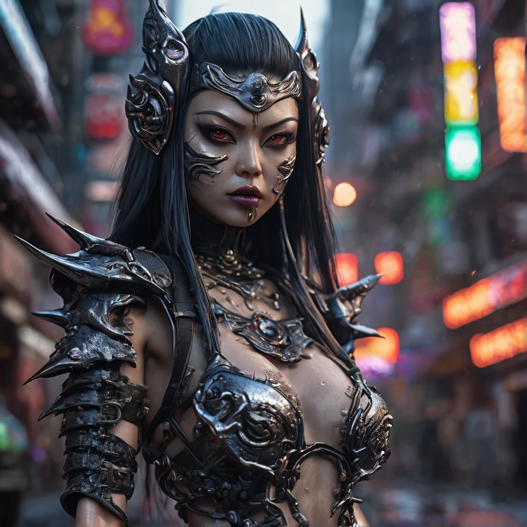 Heavy metal ninja Monster post-apocalyptic city, insanely detailed real shiny skin, masterpiece quality, real color, female ghoul vampire, erotic and sensual, 8k resolution🔥, Miki Asai Macro photography, close-up, hyper detailed, trending on artstation, sharp focus, studio photo, intricate details, highly detailed, by greg rutkowski