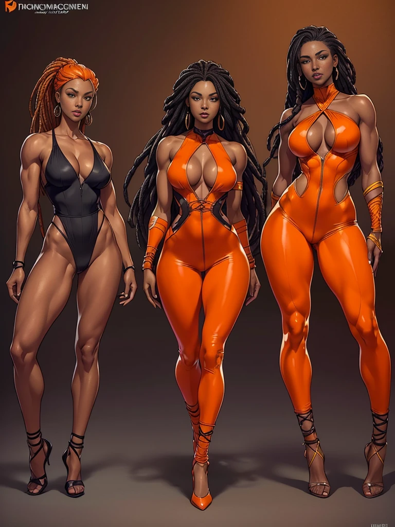 ((best quality)), ((4k)), ((highres)), ((masterpiece:1.2)). ((detailed)), ((ultra realistic)), ((character design sheet)), full body picture of a beautifull Ebony skinned female, black woman, dark skin, ebony princess, perfect face, detailed eyes, detailed lips, 25 years old, long dreadlocks down to her hips, ((emphasis on her long dreadlocks down to her hips)), pretty, feminine woman, toned body but not too muscular looking, dressed in a skin-tight sleeveless full body orange jumpsuit, ((emphasis on the skin-tight sleeveless full body orange jumpsuit)), showing cleavage, glamorous, strappy lace up high, fighting game character concept art, tekken character design, the king of fighters character concept, full bofy, full body concept art, full body art