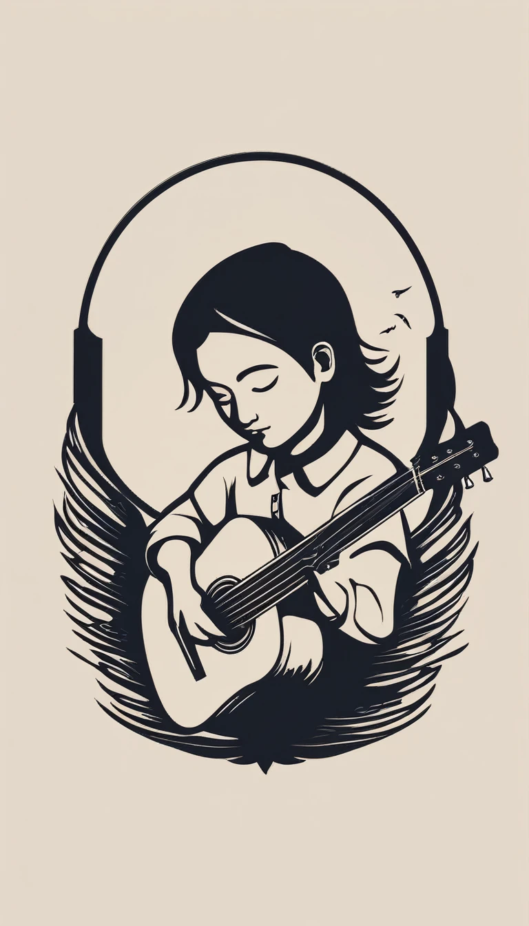 A minimal, high quality, modern, simple, cinematic icon design for the brand “Penamemoria". The logotype must be a simple, magical feather and a boy playing acoustic guitar. The logo must convey a sense of music, stories and dreams. Logo design impressed on a book cover. Minimalistic logo