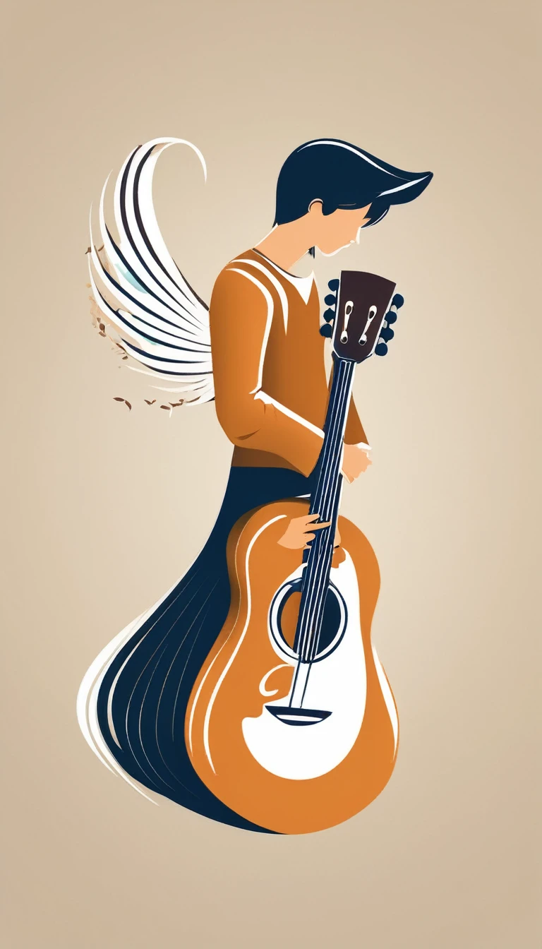 A minimal, high quality, modern, simple, cinematic icon design for the brand “Penamemoria". The logotype must be a simple, magical feather and a boy playing acoustic guitar. The logo must convey a sense of music, stories and dreams. Logo design impressed on a book cover. Minimalistic logo