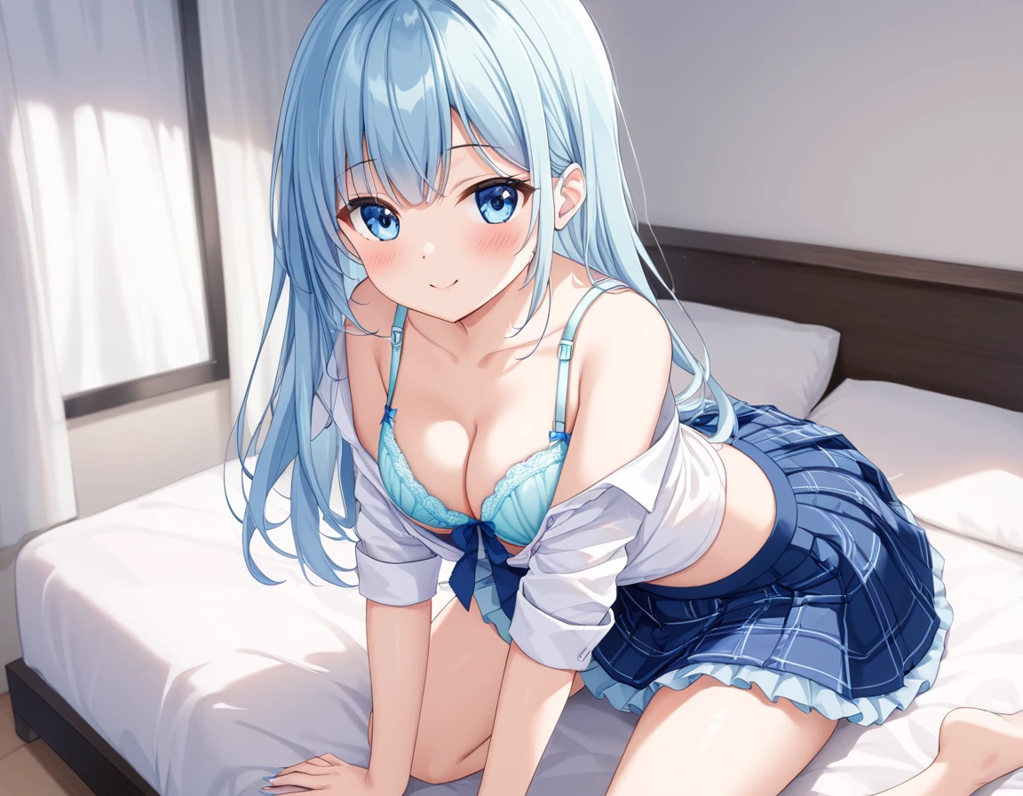 A cute white shirt that makes her look beautiful 、Unbuttoned white shirt、Blue 3/4 Cup Bra、Light blue frilled flared skirt、She holds up her skirt with both hands、She's showing off her cute white string underwear.、The white underwear you can see when you lift up your skirt is cute、Sandy Beach, Beautiful sea, Night and starry sky
