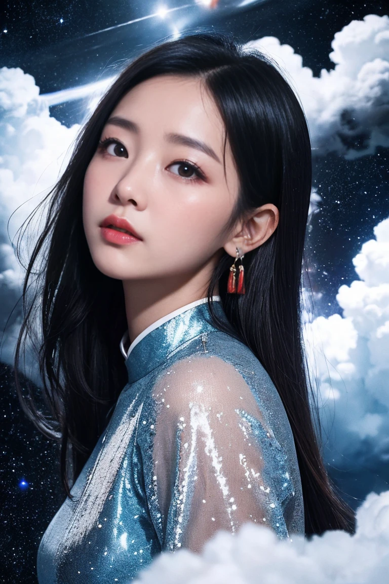 High Detail, Super Detail, Ultra-high resolution, Failed investment,No money,very sad,Complaining about China,Stocks lose money。There are colorful galaxies and galaxy clouds, Stars flew around her, Delicate face, Add a fun atmosphere ,
