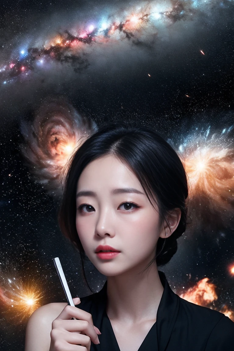 High Detail, Super Detail, Ultra-high resolution, Failed investment，No money，very sad，Complaining about China，Stocks lose money。There are colorful galaxies and galaxy clouds, Stars flew around her, Delicate face, Add a fun atmosphere , 