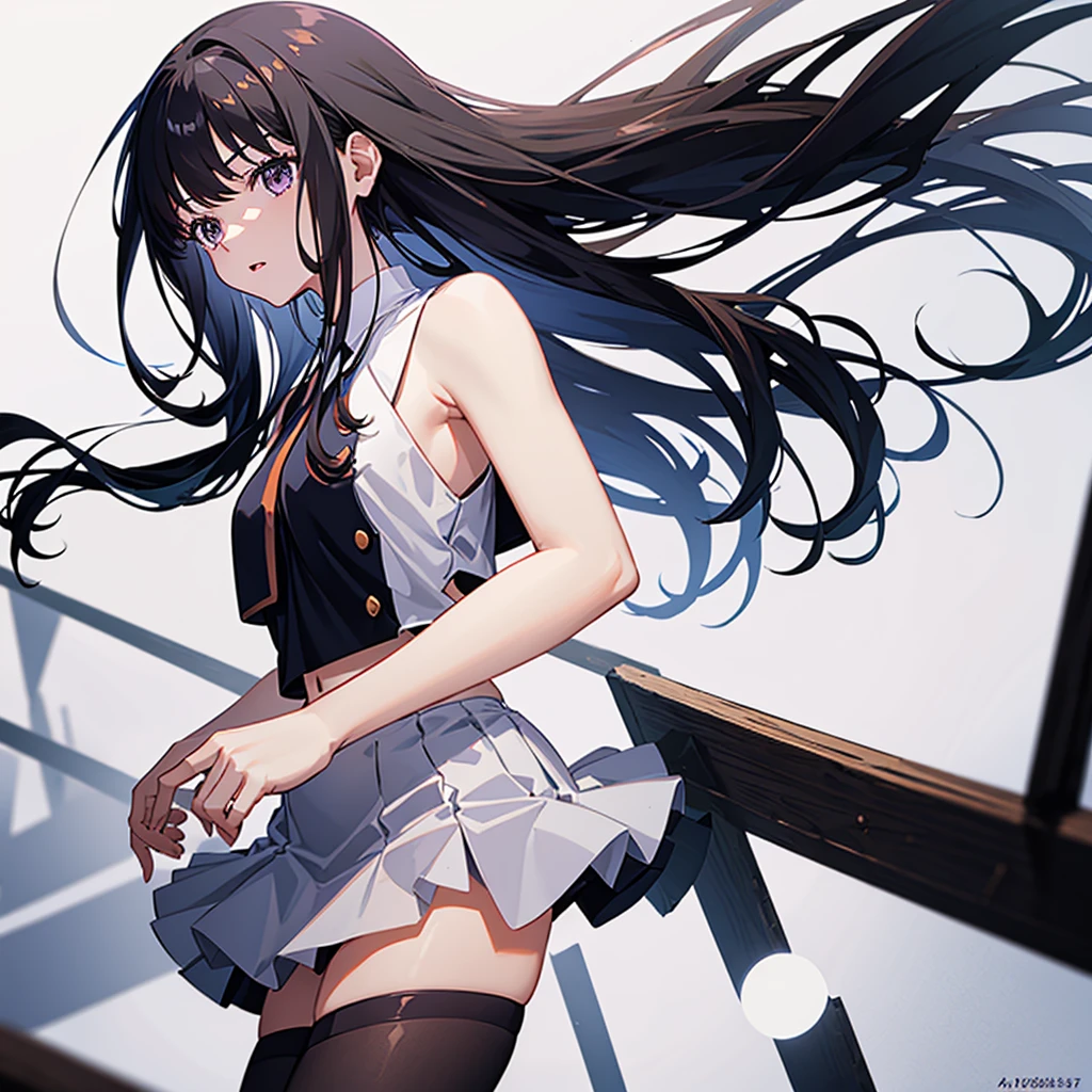 masterpiece, best quality, highres, aatakina, long hair, black hair,bare shoulders, white shirt,sleeveless, necktie,navel, (mini skirt:1.2),(tights:1.1),cuffs