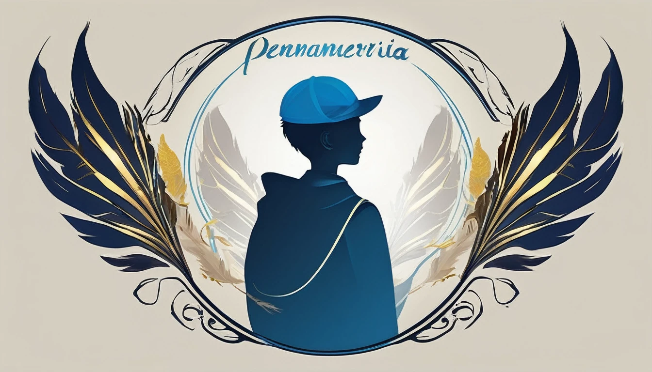 Create a minimalistic, simple, fantastic, easy to understand, logo design of a boy and a feather for an upcoming Fantasy Role Playing Game called " Penamemoria". The game is about a world full of bird and feathers. A boy enters that world and discovers his true artistic identity. Create a logo design that transmits the essence of this videogame. It´s a fantasy game, with fantasy elements. Create the logo in the center and a fantasy theme as background. Use the colours light blue, white, yellow golden in the logo. The logo design must convey a sense of fantasy, dreams, memories and music. Must convey a feeling of being a true Dreamer