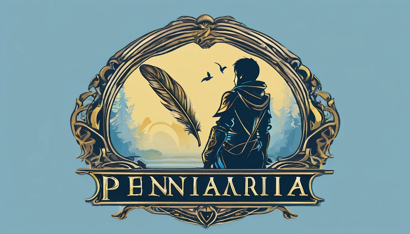 Create a minimalistic, simple, fantastic, easy to understand, logo design of a boy and a feather for an upcoming Fantasy Role Playing Game called " Penamemoria". The game is about a world full of bird and feathers. A boy enters that world and discovers his true artistic identity. Create a logo design that transmits the essence of this videogame. It´s a fantasy game, with fantasy elements. Create the logo in the center and a fantasy theme as background. Use the colours light blue, white, yellow golden in the logo. The logo design must convey a sense of fantasy, dreams, memories and music. Must convey a feeling of being a true Dreamer