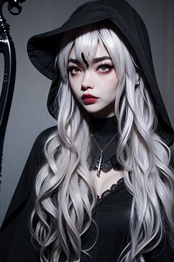 ((best quality)), ((masterpiece)), (detailed), 1girl, solo, beautiful, gothic, witch, gloomy, Asian woman, mature, black clothing, hooded black robe, modest clothing, hood up, goddess of death, blank expression, stoic expression, serious expression, split dye hair, multicolored hair, black and white hair, black dye on right side, white hair on left side, messy hair, bangs, black eyebrows, thick eyebrows, long eyelashes, grey eyes, dark circles under eyes, plump lips, red lipstick, red lips, no skin showing, skinny, pale skin, thin, sickly looking, looking at viewer, holding scythe, in graveyard, Wylona Hayashi, all black clothing, black hood, full body shot, cemetery background, standing, standing in a cemetery, holding scythe, windy, wind blowing, black long sleeves, black witch clothing, black religious clothing