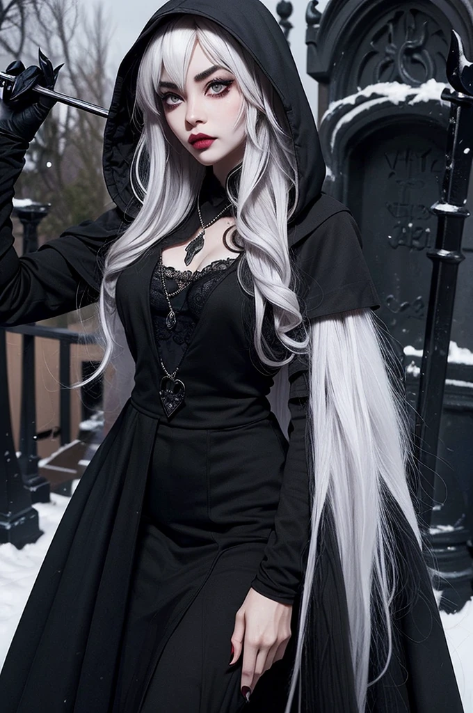 ((best quality)), ((masterpiece)), (detailed), 1girl, solo, beautiful, gothic, witch, gloomy, Asian woman, mature, black clothing, hooded black robe, modest clothing, hood up, goddess of death, blank expression, stoic expression, serious expression, split dye hair, multicolored hair, black and white hair, black dye on right side, white hair on left side, messy hair, bangs, black eyebrows, thick eyebrows, long eyelashes, grey eyes, dark circles under eyes, plump lips, red lipstick, red lips, no skin showing, skinny, pale skin, thin, sickly looking, looking at viewer, holding scythe, in graveyard, Wylona Hayashi, all black clothing, black hood, full body shot, cemetery background, standing, standing in a cemetery, holding scythe, windy, wind blowing, black long sleeves, black witch clothing, black religious clothing