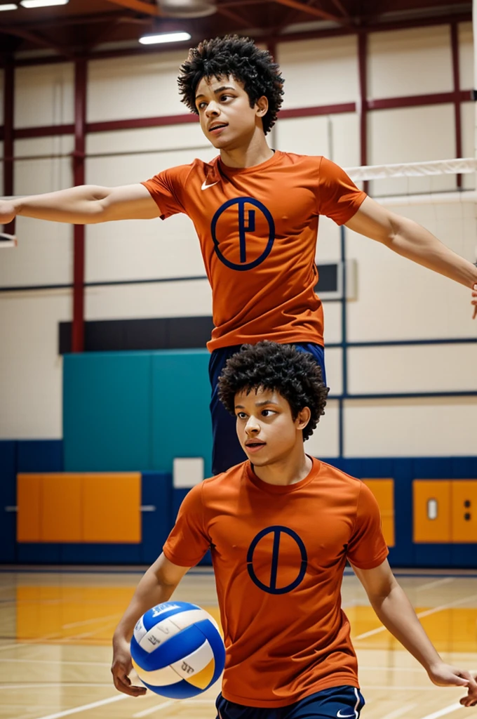 Izuku midoriya playing volleyball with an orange t-shirt