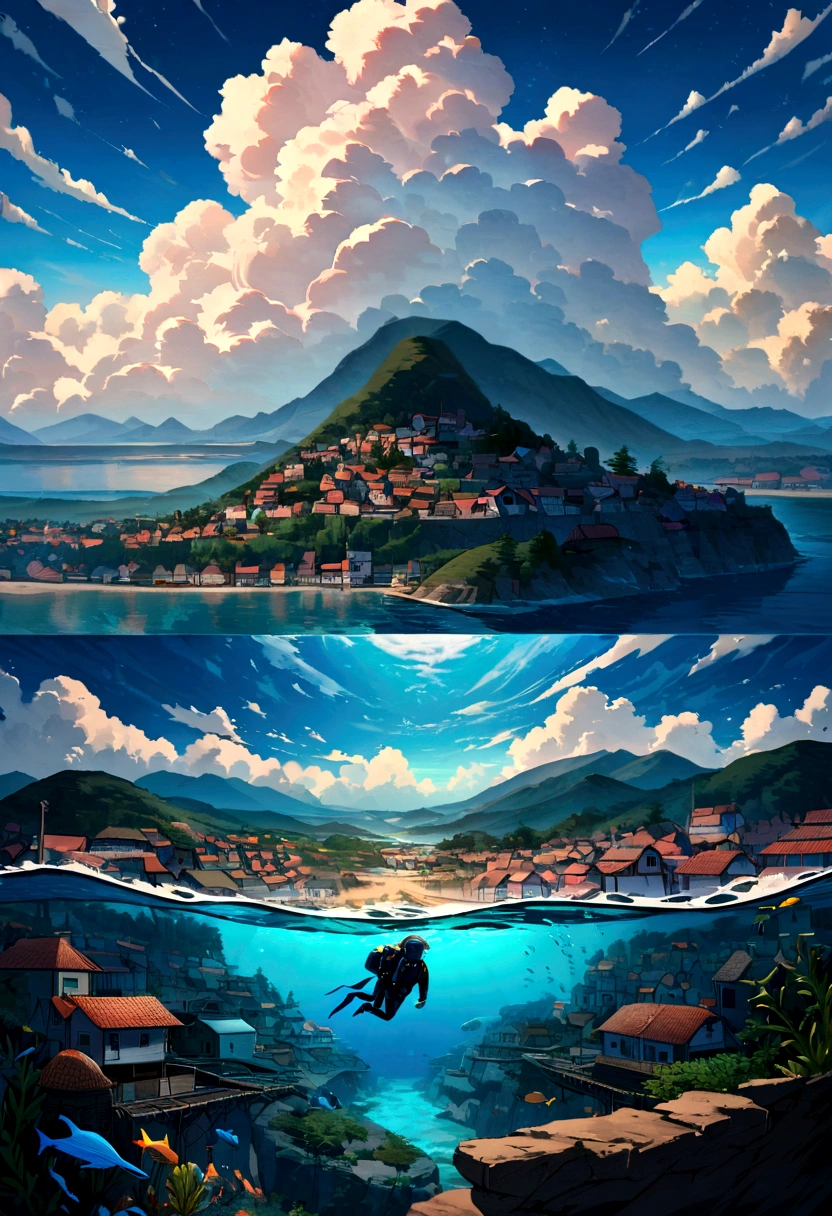 hand painted painting divided in half sky above blue full of beautiful clouds, horizon with hills, houses, tourist coastal town and in the water underwater divers exploring the underwater depths