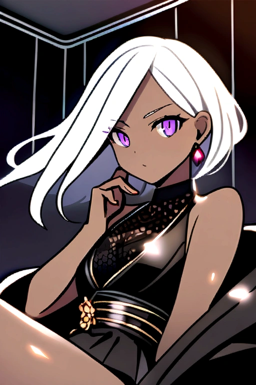 Girl with white hair, BROWN SKIN, purple eyes, black clothes