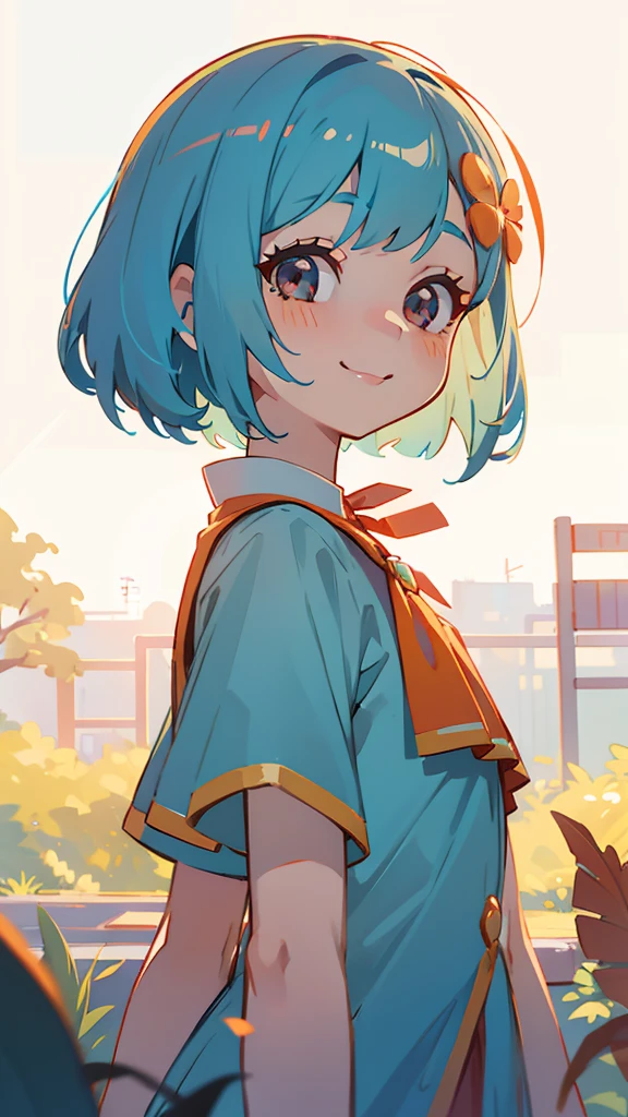1 Girl、Light blue hair、Bobcut、Orange hair ornament、Dark Eyes、smile、Upper body close-up、Side body、Phantom of the Shrimp、Park in the background、sunset、Soft lighting