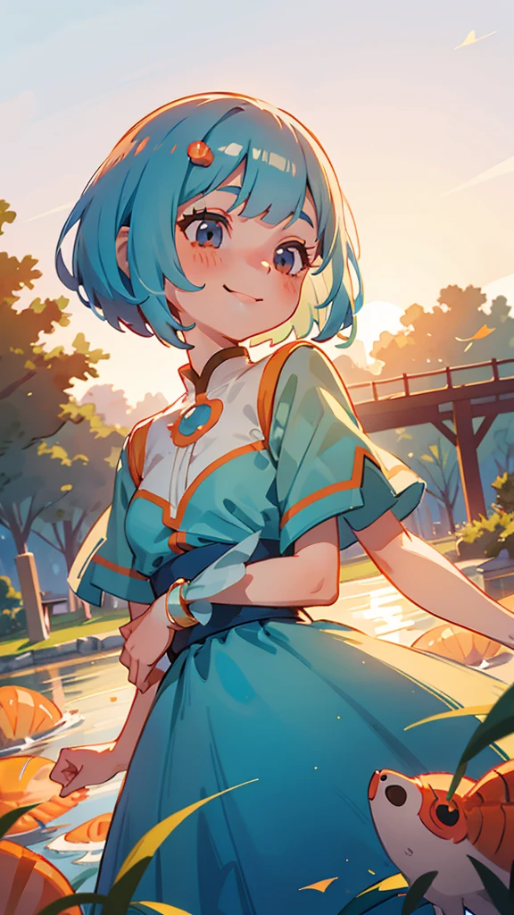 1 Girl、Light blue hair、Bobcut、Orange hair ornament、Dark Eyes、smile、Upper body close-up、Side body、Phantom of the Shrimp、Park in the background、sunset、Soft lighting