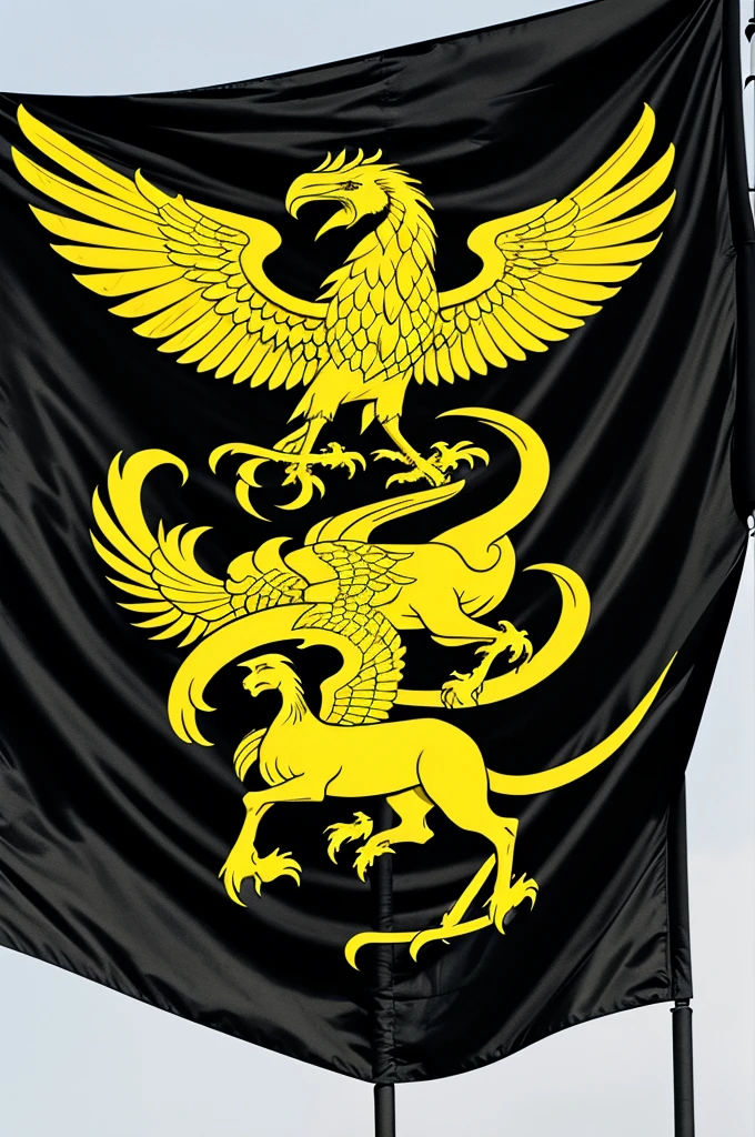 A black and white and yellow flag with a griffin in the center