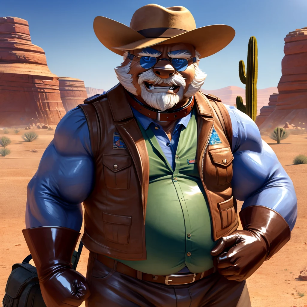 Male, fat, extremely obese, balding, Old Man with biceps, blue eyes, (posing:1.3), (soft shading), 4k, hi res, ((detailed face, detailed)), looking at viewer, evil grin, desert, cactus, shirt, hat, male focus, Explorer Outfit, glasses, pants, bag, vest, backpack, sleeves rolled up, round eyewear, brown headwear, brown vest, Old Man is wearing a glossy leather dog collar around the neck, Old Man is wearing the leather collar and shirt and vest at the same time, Old Man is wearing glossy white rubber gloves on the hands, gloves are rubber in texture, clenching teeth, clenching fists, leather collar is glossy and shiny with a lot of detail, white rubber gloves.