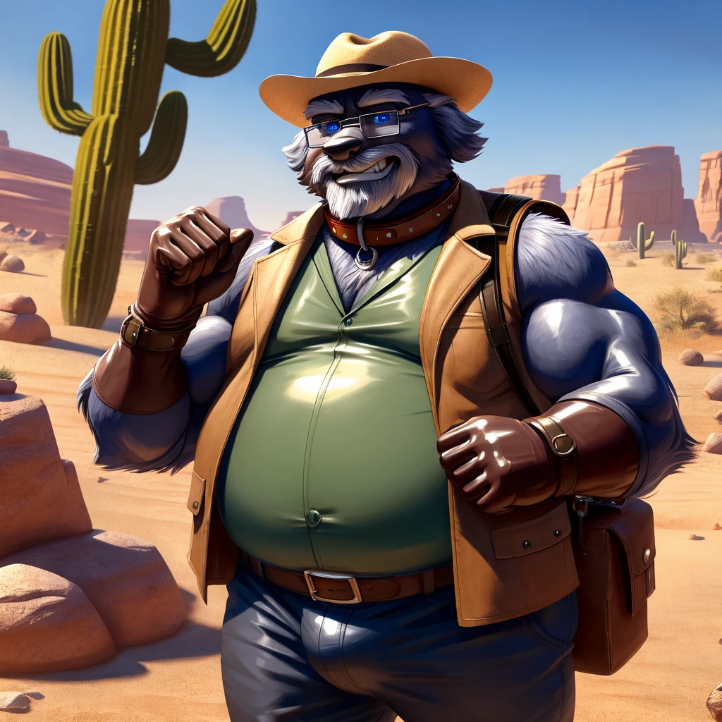 Male, fat, extremely obese, balding, Old Man with biceps, blue eyes, (posing:1.3), (soft shading), 4k, hi res, ((detailed face, detailed)), looking at viewer, evil grin, desert, cactus, shirt, hat, male focus, Explorer Outfit, glasses, pants, bag, vest, backpack, sleeves rolled up, round eyewear, brown headwear, brown vest, Old Man is wearing a glossy leather dog collar around the neck, Old Man is wearing the leather collar and shirt and vest at the same time, Old Man is wearing glossy white rubber gloves on the hands, gloves are rubber in texture, clenching teeth, clenching fists, leather collar is glossy and shiny with a lot of detail, white rubber gloves.