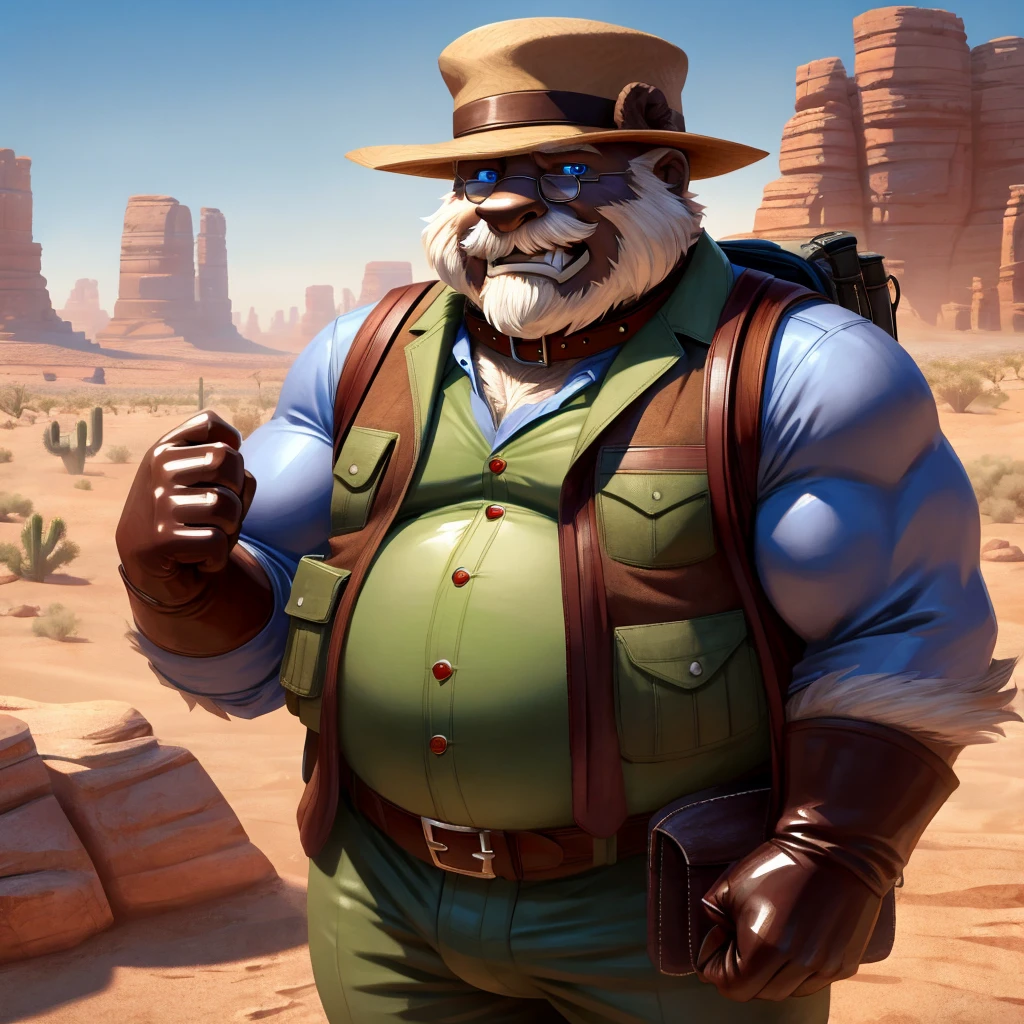 Male, fat, extremely obese, balding, Old Man with biceps, blue eyes, (posing:1.3), (soft shading), 4k, hi res, ((detailed face, detailed)), looking at viewer, evil grin, desert, cactus, shirt, hat, male focus, Explorer Outfit, glasses, pants, bag, vest, backpack, sleeves rolled up, round eyewear, brown headwear, brown vest, Old Man is wearing a glossy leather dog collar around the neck, Old Man is wearing the leather collar and shirt and vest at the same time, Old Man is wearing glossy white rubber gloves on the hands, gloves are rubber in texture, clenching teeth, clenching fists, leather collar is glossy and shiny with a lot of detail, white rubber gloves.