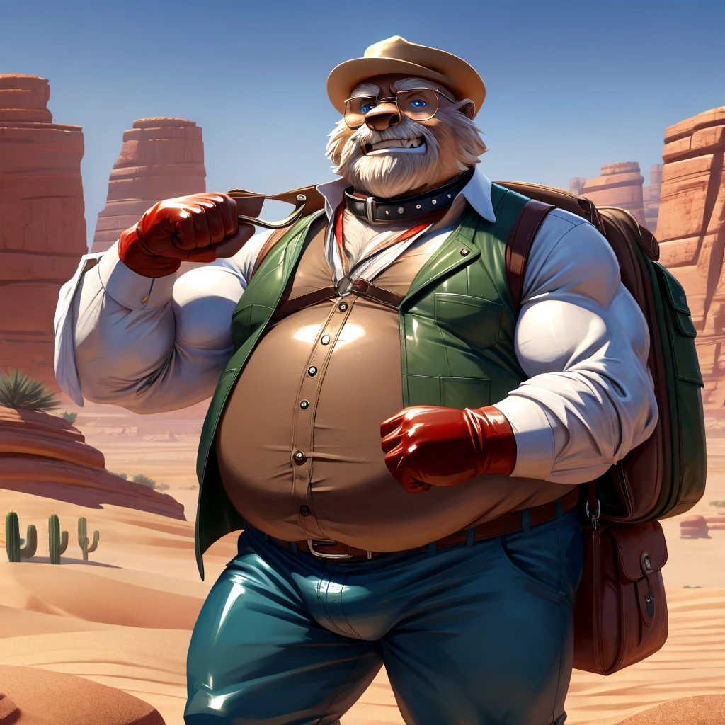Male, fat, extremely obese, balding, Old Man with biceps, blue eyes, (posing:1.3), (soft shading), 4k, hi res, ((detailed face, detailed)), looking at viewer, evil grin, desert, cactus, shirt, hat, male focus, Explorer Outfit, glasses, pants, bag, vest, backpack, sleeves rolled up, round eyewear, brown headwear, brown vest, Old Man is wearing a glossy leather dog collar around the neck, Old Man is wearing the leather collar and shirt and vest at the same time, Old Man is wearing glossy white rubber gloves on the hands, gloves are rubber in texture, clenching teeth, clenching fists, leather collar is glossy and shiny with a lot of detail, white rubber gloves.